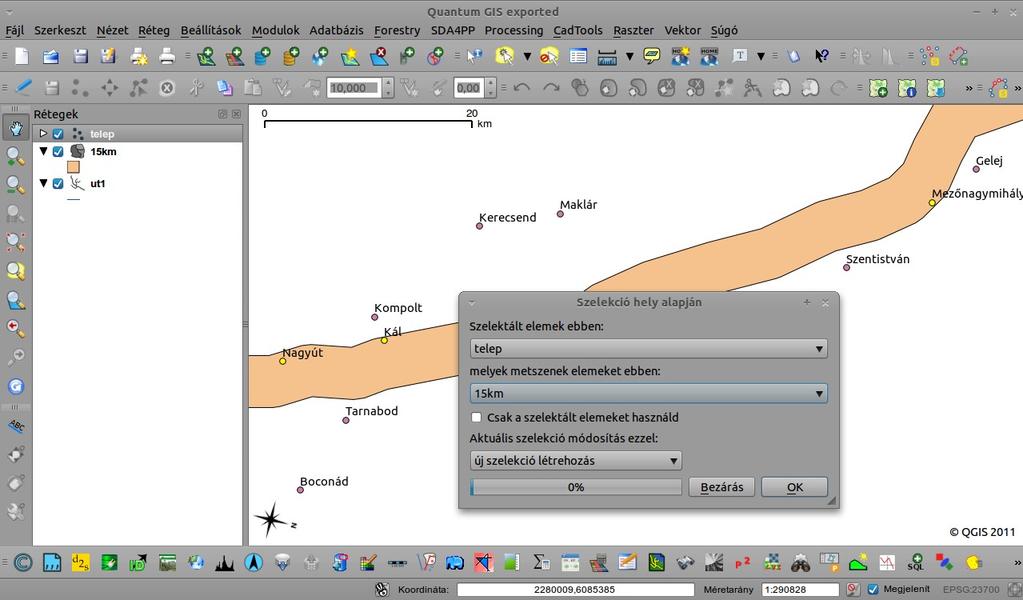 Ha elkészültünk, azokat a településeket (v. objektumokat), amelyek a puffer zónán belül helyezkednek el, egy másik vektorfájlba exportálhatjuk, de ehhez először ki kell jelölnünk őket.