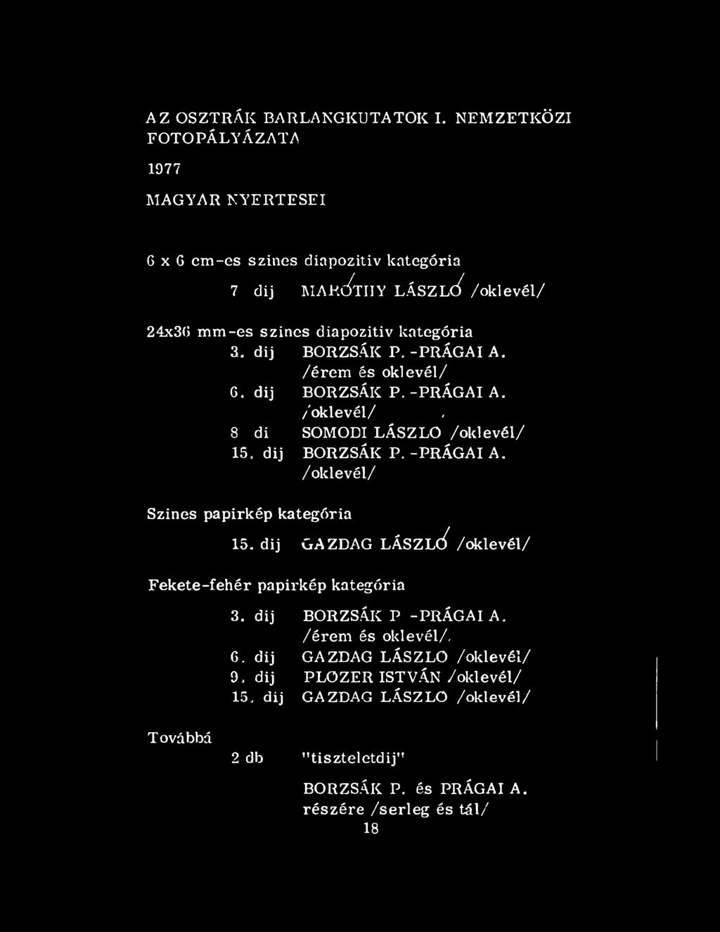 dij BORZSÁK P. -PRÁGAI A. /érem és oklevél/ G. dij BORZSÁK P. -PRÁGAI A. /o k le v é l/. SOMODI LÁSZLÓ /o k le v é l/ 15, dij BORZSÁK P. -PRÁGAI A. /o k le v é l/ 00 Си H* Színes papirkép kategória 15.