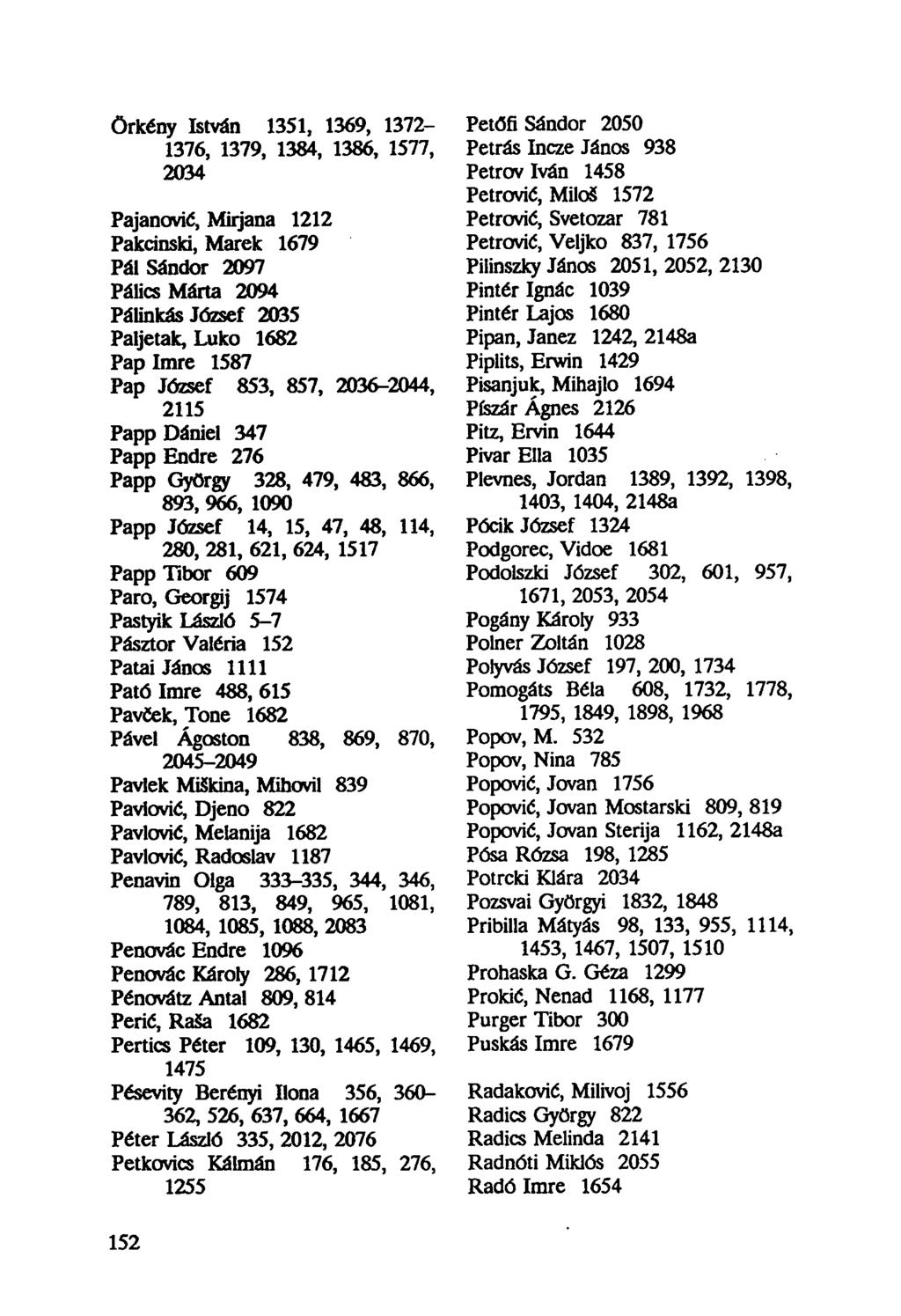 Örkény István 1351, 1369, 1372-1376, 1379, 1384, 1386, 1577, 2034 Pajanović, Mirjana 1212 Pakeinski, Marek 1679 Pál Sándor 2097 Pálics Márta 2094 Pálinkás József 2035 Paljetak, Luko 1682 Pap Imre