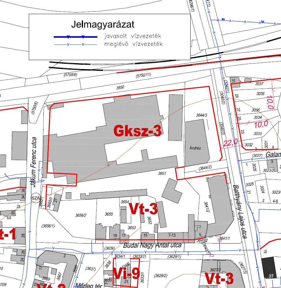 vízvezeték, a Batthyány utcában DN100/ac, a Budai Nagy Antal utcában D160/KPE