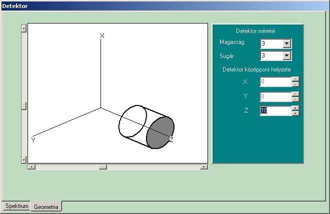 A Geometria lapon megadhatod a detektor magasságát, sugarát, valamint pozícióját a