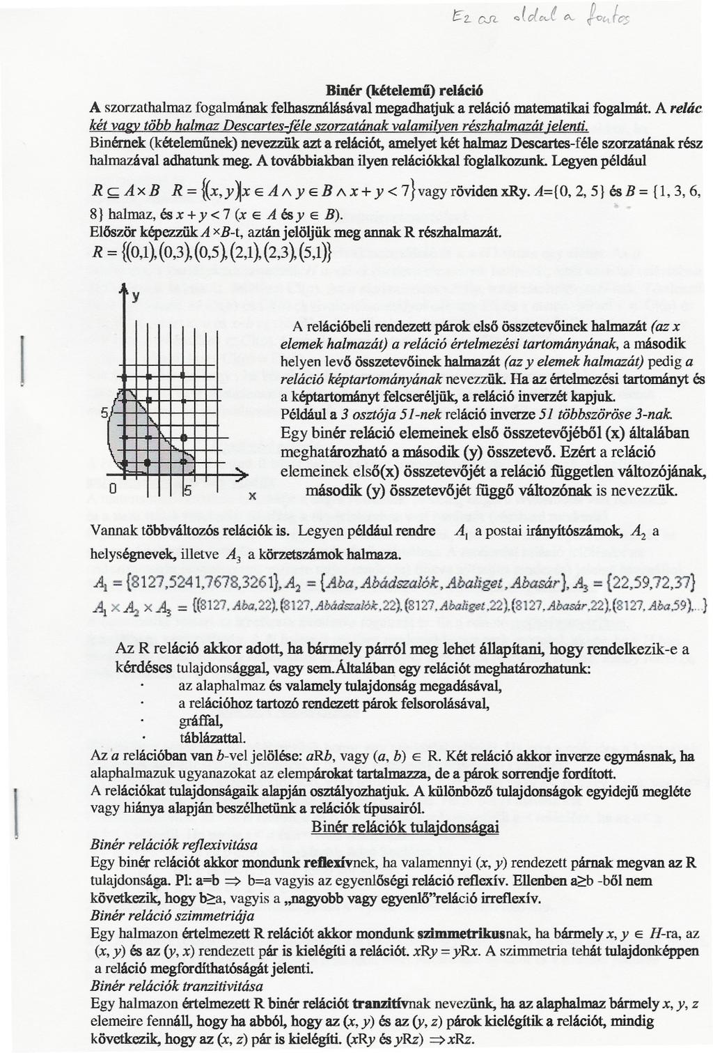 ~2- CJl- ",lot&v~ o.. ~qfo5 Binér (kételemu) reláció A szorzatha1mazfogalmának felhasználásával megadhatjuk a reláció matematikai fogalmát.