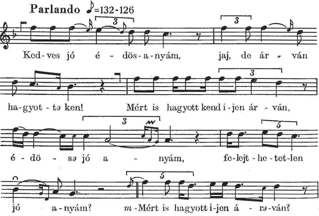Népzene és nosztalgia Ligeti György Kürttriójában 215 A szigorú ritmikai szervezettség csak az esetek alig felében érvényesül; máskor a dallam változatos, szabálytalan ritmusértékekben halad.