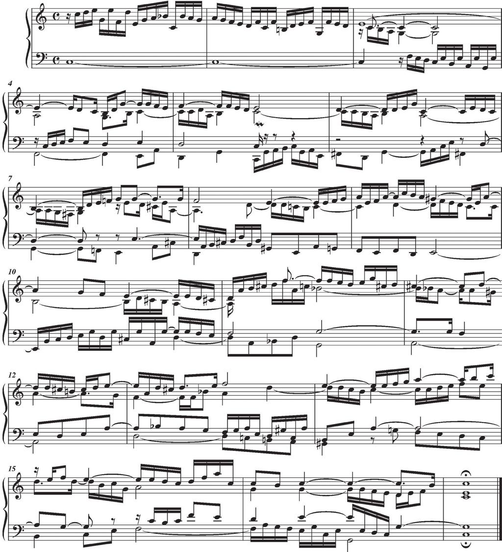 J. S. Bach és a zenei forma két kultúrája 49 2. kotta. J. S. Bach: C-dúr prelúdium (BWV 870a) Az első négy és fél ütem a tonika megerősítéséről szól: három ütemnyi tonikai orgonapontot követően a IV