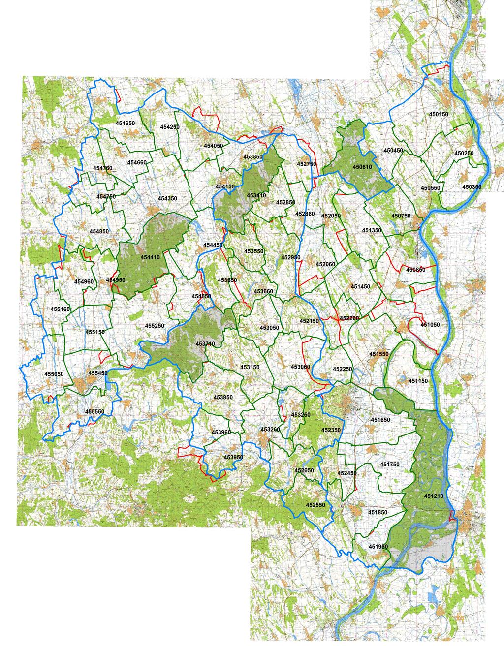 Javasolt vadászterület-határok Tolna megye átnézeti térkép 450150 vadászterület kódszáma tájegységhatár jelenlegi vadászterület-határ javasolt vadászterület határ különleges rendeltetésű