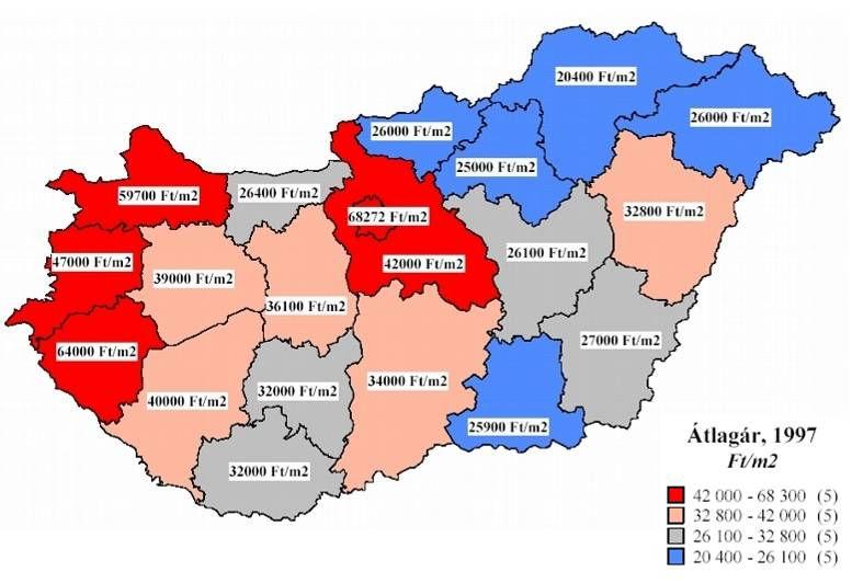 lakásárak Magyarország megyéiben, 1997 Átlagár, 1997 Ft/ m 2