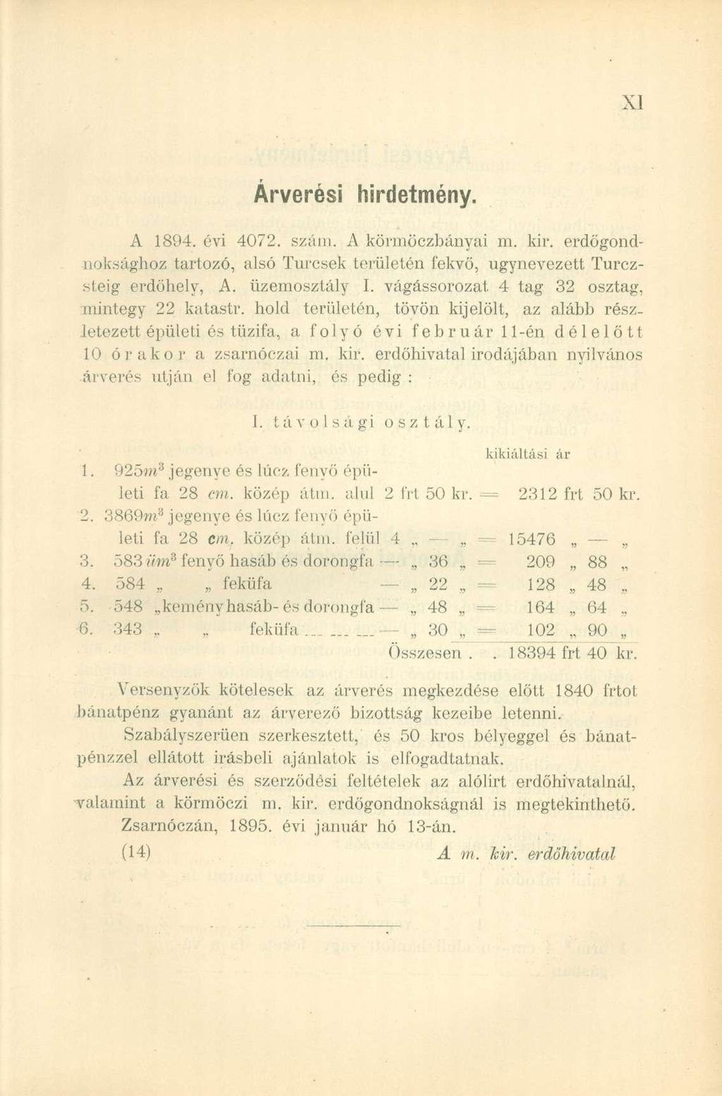 Árverési hirdetmény. A 1894. évi 4072. szám. A körmöczbányai m. kir. erdőgondnoksághoz tartozó, alsó Turcsek területén fekvő, úgynevezett Turczsteig erdőhely, A. üzemosztály I. vágássorozat.