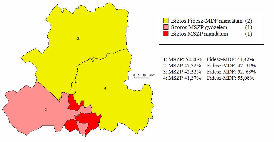 2. ábra A 2002-es országgyűlési választások eredménye Csongrád megyében, az új választókerületekre Forrás: www.vokscentrum.hu, www.valasztas.hu. Szerk.: Vida Gy. 2013.