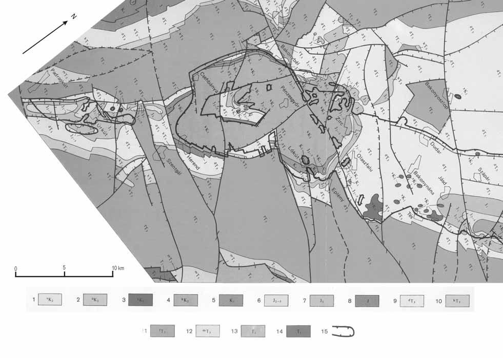 1. ábra. Az Alsóperei Bauxit Formáció elõfordulásai és az albainál idõsebb képzõdmények földtani térképe (Császár 1986). Jelmagyarázat 1. Alsóperei Bauxit F., 2. Tatai Mészkõ F., 3.