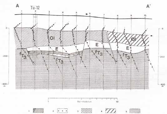 8. ábra. Elektromágneses frekvenciaszondázási szelvény a Tü-12 fúráson keresztül (ELGI 1982. évi jelentése) 1. eocén széntelepes összlet, 2. bauxit, 3-4. oligocén homokos-márgás összlet, 5.