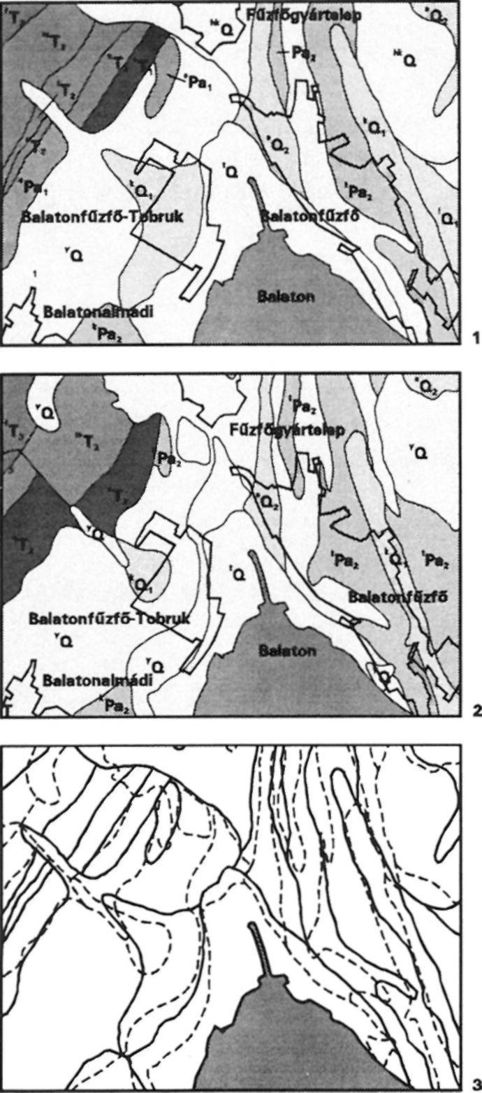 A két földtani térkép eltérésének bemutatása térinformatikai átlapolási művelettel Fig. 2. The comparison of geological maps constructed with different purpose and in different time. 1.