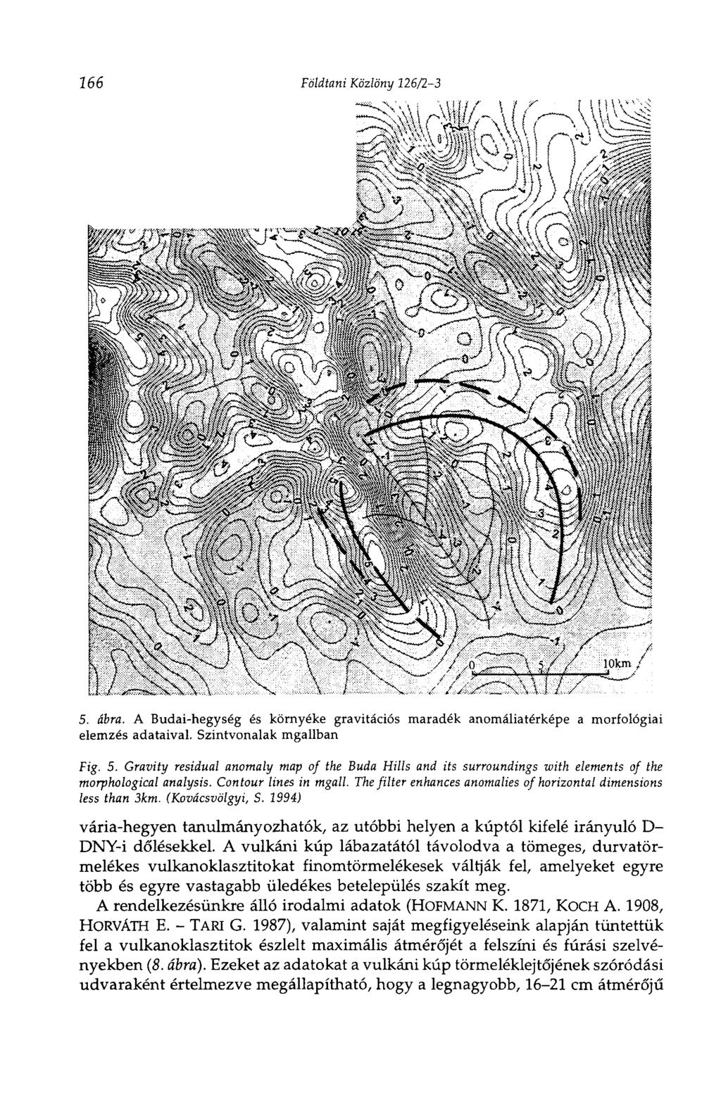 166 Földtani Közlöny 126/23 5. ábra. A Budaihegység és környéke gravitációs maradék anomáliatérképe a morfológiai elemzés adataival. Szintvonalak mgallban Fig. 5. Gravity residual anomaly map of the Buda Hills and its surroundings with elements of the morphological analysis.