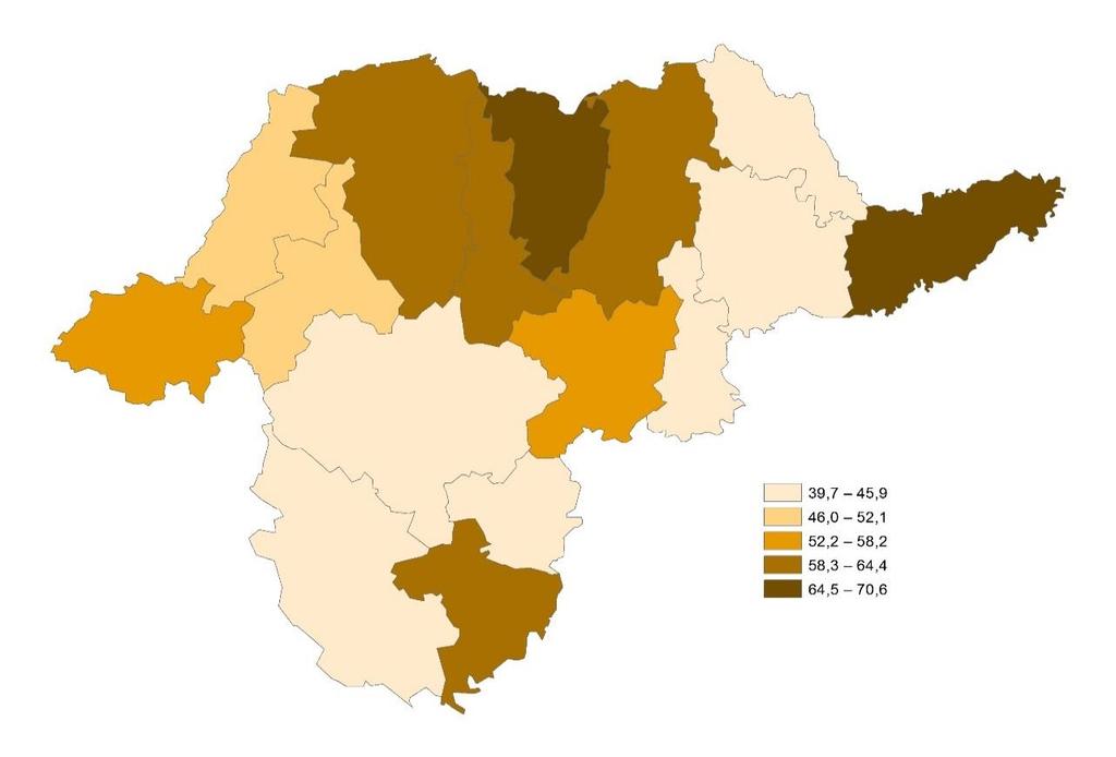 Ezer 15 49 éves nőre jutó élveszületések száma járásonként, 2016 3.