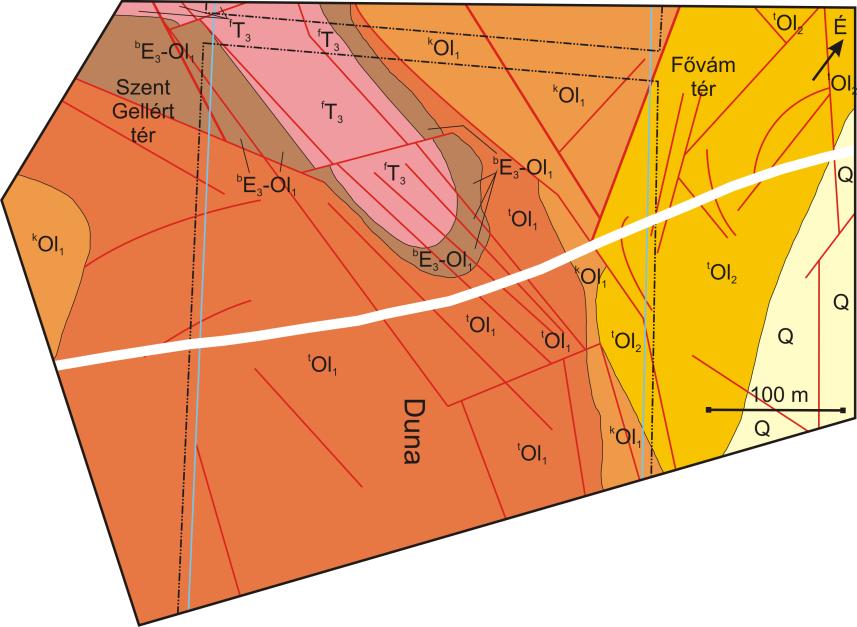 munkái alapján; jelölve a tervezett metró nyomvonalát (átdolgozva) (Geological map compiled by P. Szlabóczky from 2008.