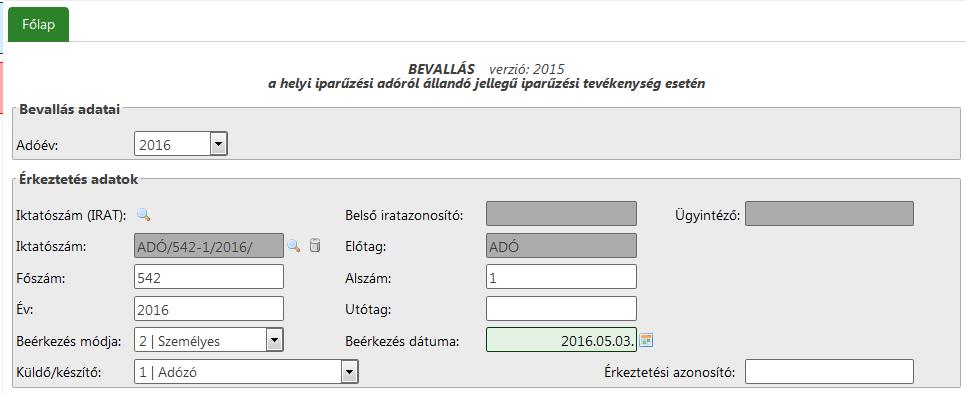 1. A feldolgozás első lépéseként az Állandó jellegű iparűzési adó menüpontnál a tábla alján található gombra, vagy a bal oldali menüben az Új bevallás linkre kattintva megkezdjük a bevallás