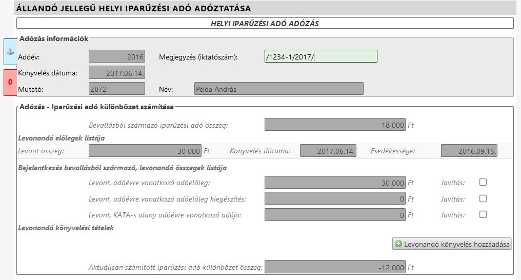 Sikeres mentés esetén megjelenik az adóztatás