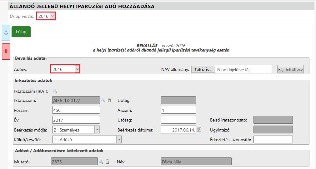 2. Kiválasztjuk a 2016. évi űrlapverziót (bevallás alapján), majd a 2016-os adóévet.