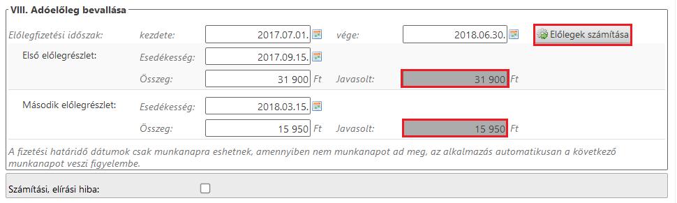 A főlap VIII. Adóelőleg bevallása rész kitöltése is bevallás alapján történik.