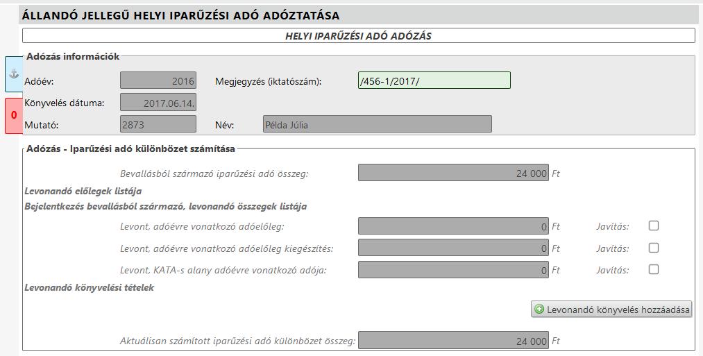 A fenti képen látható az adókülönbözet kiszámításának levezetése. Látható, hogy 24000 Ft adókülönbözet kerül majd könyvelésre illetve 2017.09.15. dátumra 31900 Ft, 2018.03.15. dátumra pedig 15950 Ft előleg.