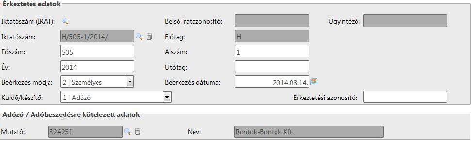 év), majd megadjuk a bevallás jogcímét (Bevallás benyújtás): 2. Ezt követően az érkeztetési adatok berögzítése történik meg.