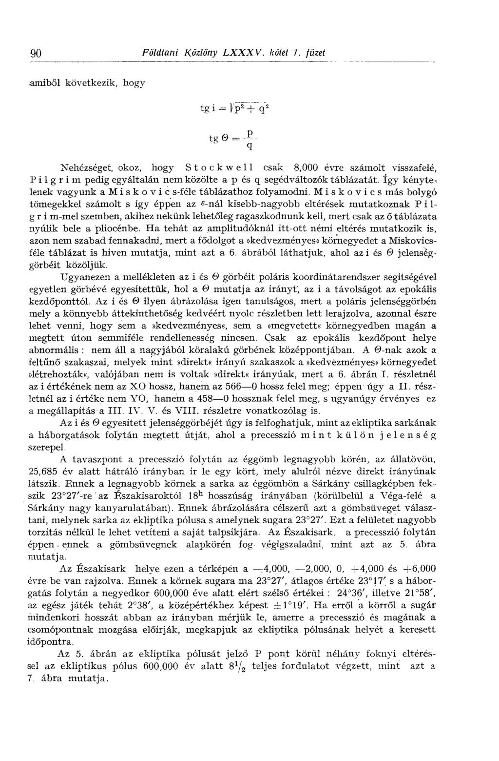 90 Földtani Közlöny LXXXV. kötet 1. füzet.amiből következik, hogy tgi = }p 2 q 2 Nehézséget, okoz, hogy Stockwell csak 8,000 évre számolt visszafelé,.
