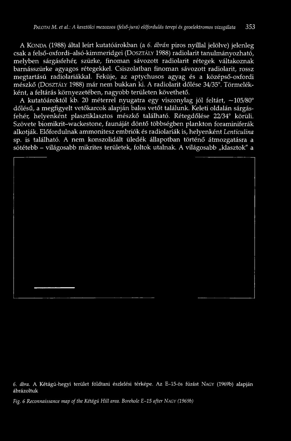 barnásszürke agyagos rétegekkel. Csiszolatban finoman sávozott radiolarit, rossz megtartású radiolariákkal. Feküje, az aptychusos agyag és a középső-oxfordi mészkő (DOSZTÁLY 1988) már nem bukkan ki.