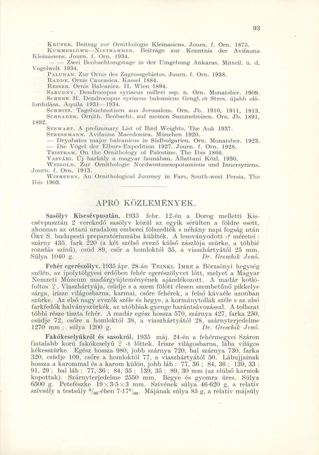 KRÜPER. Beitrag zur Ornithologie Kleinasiens. Journ. f. Orn. 1875. KUMMERLÖWE NIETHAMMER. Beitráge zur Kenntnis der Avifauna Kleinasiens. Journ. f. Orn. 1934.
