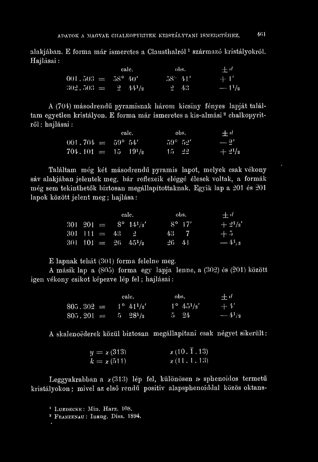 E forma már ismeretes a kis-almási '^ chalkopyritrl ; hajlásai : calc. obs, ^ d 001.704= 59 54' 59 52' 2' 704.