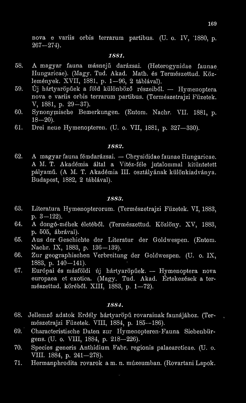 Synonymische Bemerkungen. (Entom. Nachr. VII. 1881, p. 18 20). 61. Drei neue Hymenopteren. (U. o. VII, 1881, p. 327 330). 1882. 62. A magyar fauna fémdarázsai. Chrysididae faunae Hungaricae. A M. T.