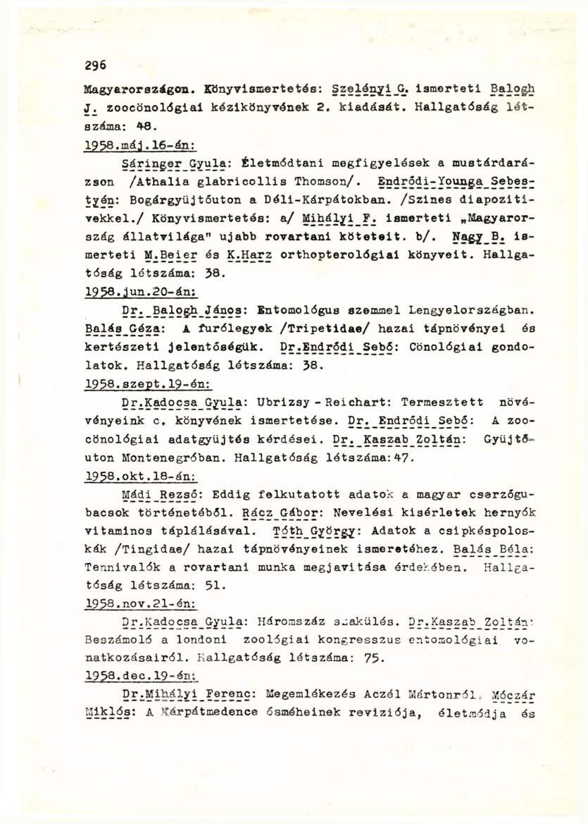 Magyarországon. Könyvismertetés: Szelénéi_G_. ismerteti Balogh J. zoocönológiai kézikönyvének 2. kiadását. Hallgatóság létszáma: 48. 1938.máj.
