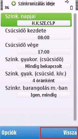 Szinkronizálás ideje Itt a következô adatokat lehet beállítani: Csúcsidôs napok Csúcsidô kezdete Csúcsidô vége Csúcsidôn belüli szinkronizálás gyakorisága Csúcsidôn kívüli szinkronizálás gyakorisága