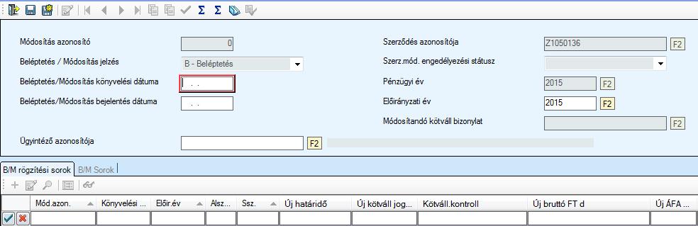 1.1.3 Beléptetés adatok rögzítése A fej adatok felrögzítése után automatikusan felajánlja a program a beléptető ablakot, amelyben a beléptetés dátuma, előirányzat év, ügyintéző adatok