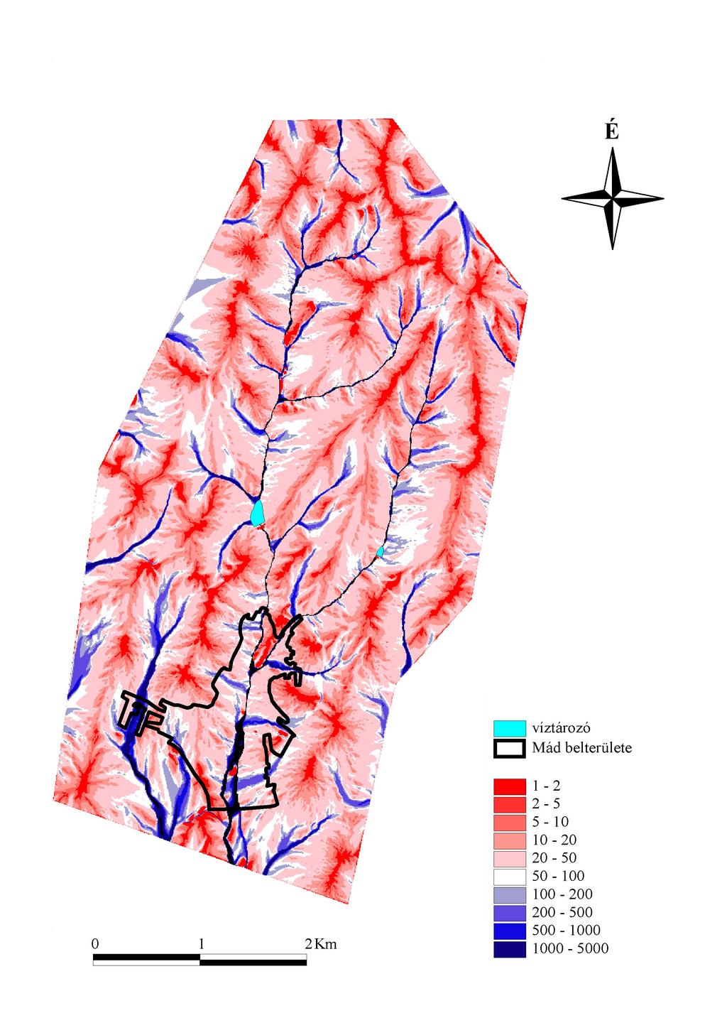 2006 viszonyított magasságkülönbségeit, majd az eredı eltéréseket arányosan elosztva alkalmazza az elméleti folyásirány számolásánál. A multiple flow algoritmus a flow accumulation állományt (1.