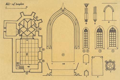 3. A templom alaprajza részletrajzokkal (Várnai Dezsô, 1940) A hajó nyugati homlokzatát egyedül a tengelyébe állított ajtó tagolja, melynek szamárhátíves záródású kerete van (4. kép).