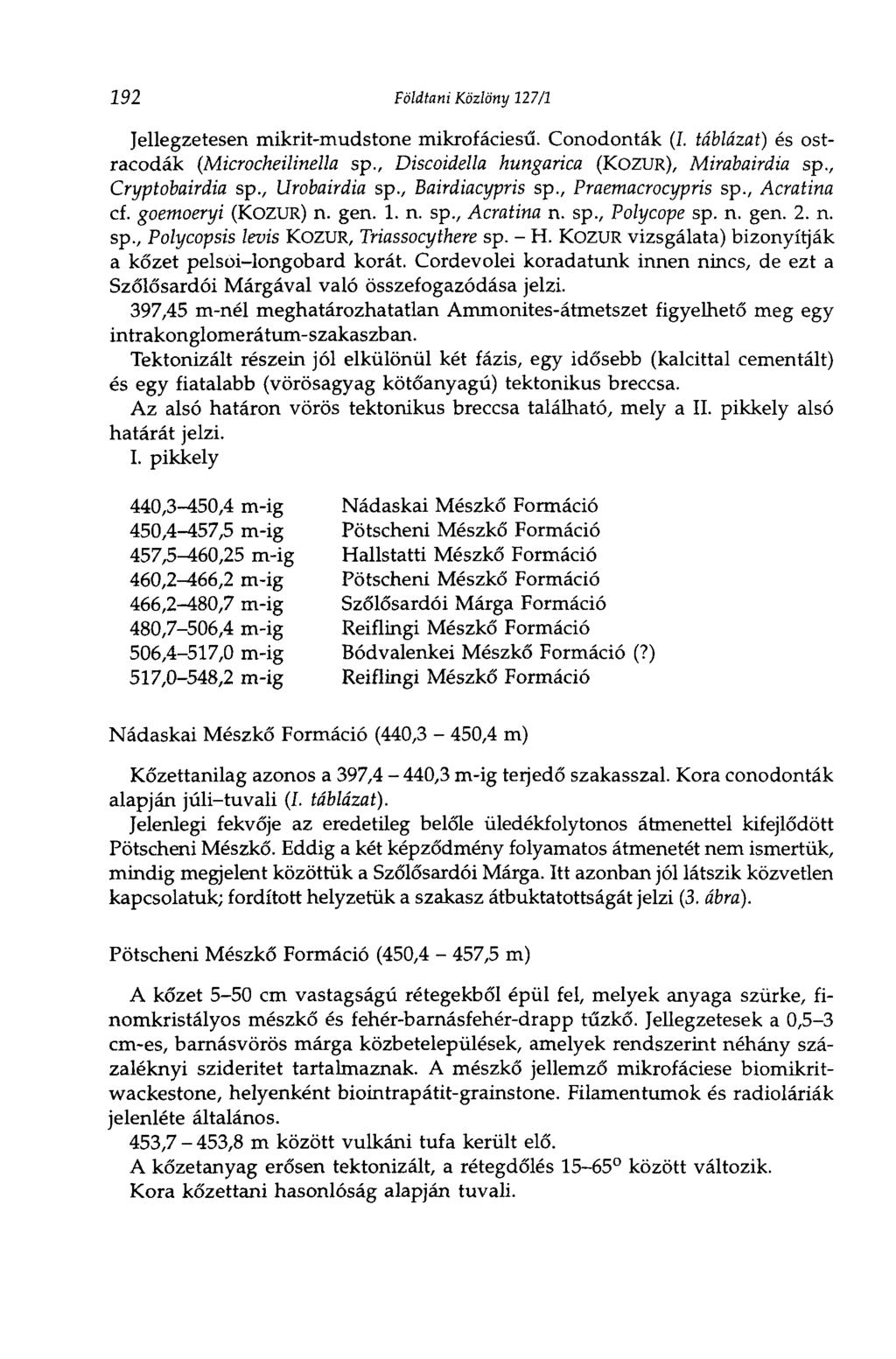 292 Földtani Közlöny 127/1 Jellegzetesen mikrit-mudstone mikrofáciesű. Conodonták (I. táblázat) és ostracodák (Microcheilinella sp., Discoidella hungarica (KOZUR), Mirabairdía sp., Cryptobairdia sp.