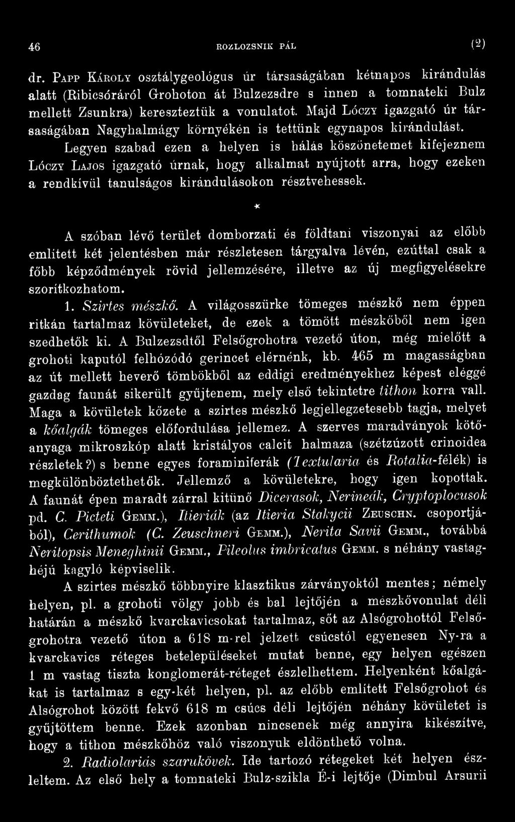 megfigyelésekre szorítkozhatom. 1. Szirtes mészkő. A világosszürke tömeges mészkő nem éppen ritkán tartalmaz kövületeket, de ezek a tömött mészkőből nem igen szedhetők ki.