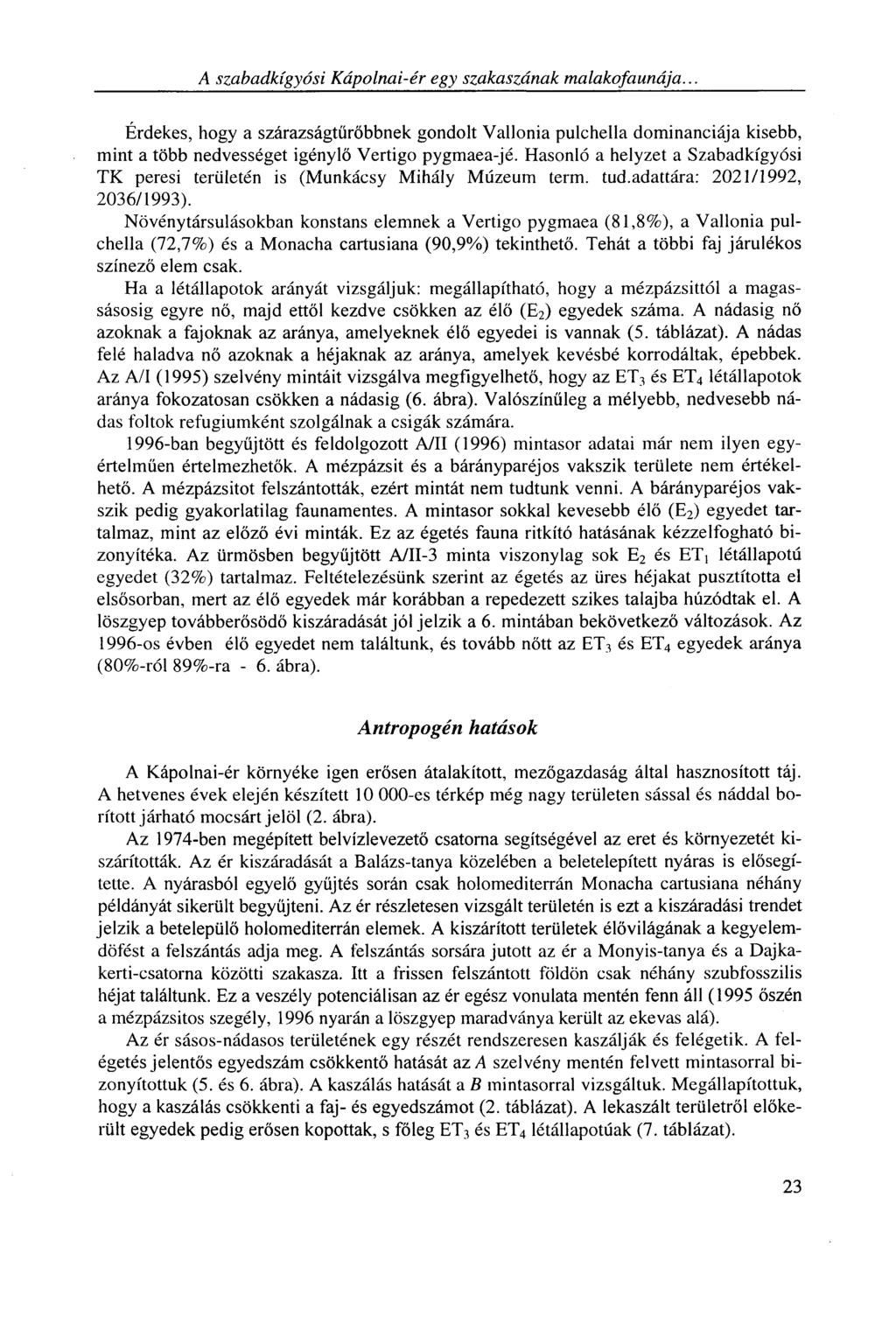 A szabadkígyósi Kápolnai-ér egy szakaszának malakofaunája... Érdekes, hogy a szárazságtűrőbbnek gondolt Vallonia pulchella dominanciája kisebb, mint a több nedvességet igénylő Vertigo pygmaea-jé.