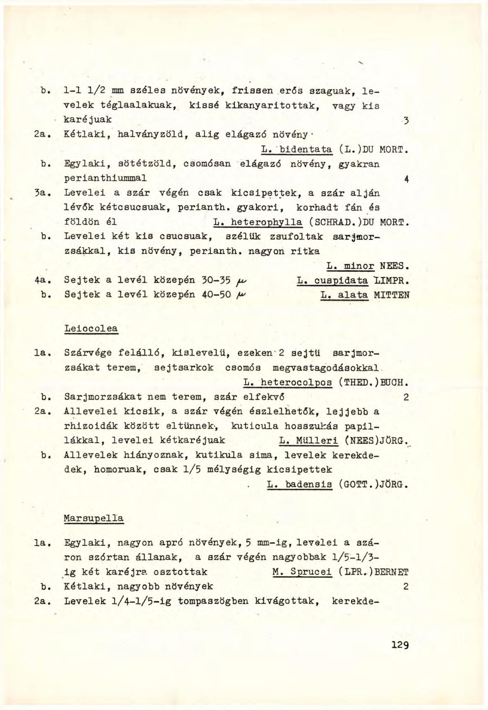 b. 1-1 l/2 mm széles növények, frissen erős szaguak, levelek téglaalakuak, kissé kikanyarítottak, vagy kis karéjuak 3 2a. Kétlaki, halványzöld, alig elágaző növény- L. bidentata (L.)DU MORT, b.