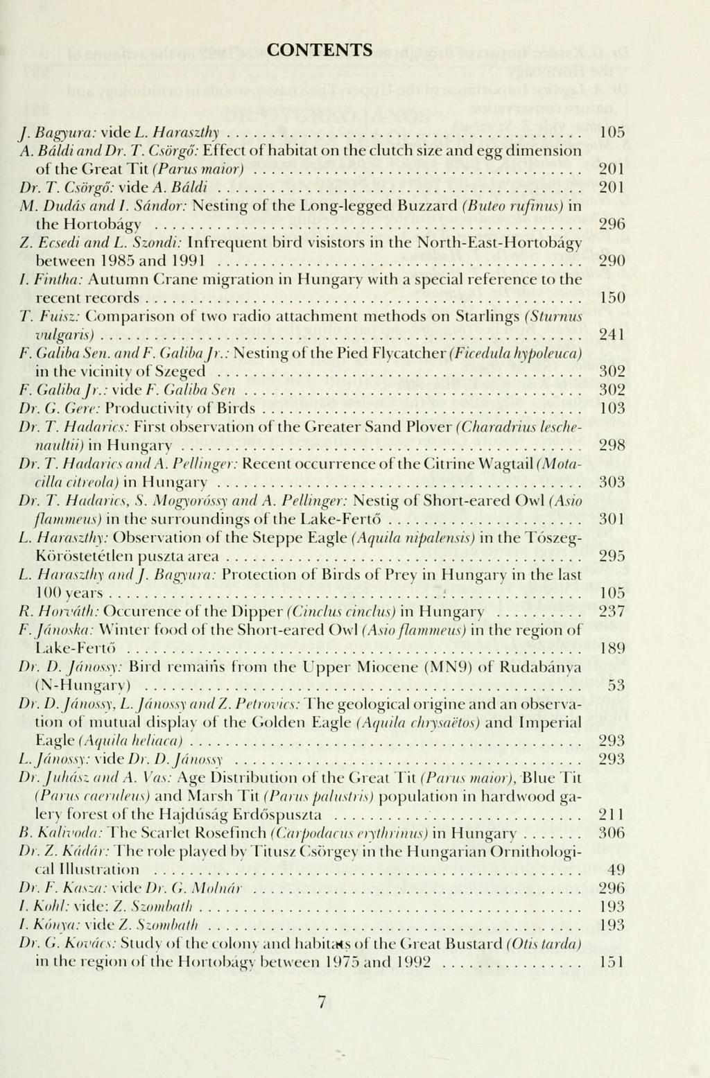 CONTENTS J'. Bagyura: vide L. Haraszthy 105 A. Báldi and Dr. T. Csörgő: Effect of habitat on the clutch size and egg dimension of the Great Tit (Parus maior) 201 Dr. T. Csörgő: vide A. Báldi 201 M.