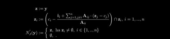 Az algoritmushoz kiterjesztett intervallum aritmetika szükséges, ahol a -t tartalmazó intervallumokkal történő osztás is értelmezve van.