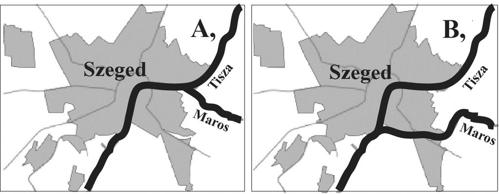 16. A XIX. században a mérnökök két tervet dolgoztak ki arra, hogy hol alakítsák ki a Maros tiszai torkolatát. Az A, és B, terv mellett is sok érv szólt. Karikázza be a helyes válaszok betűjelét!