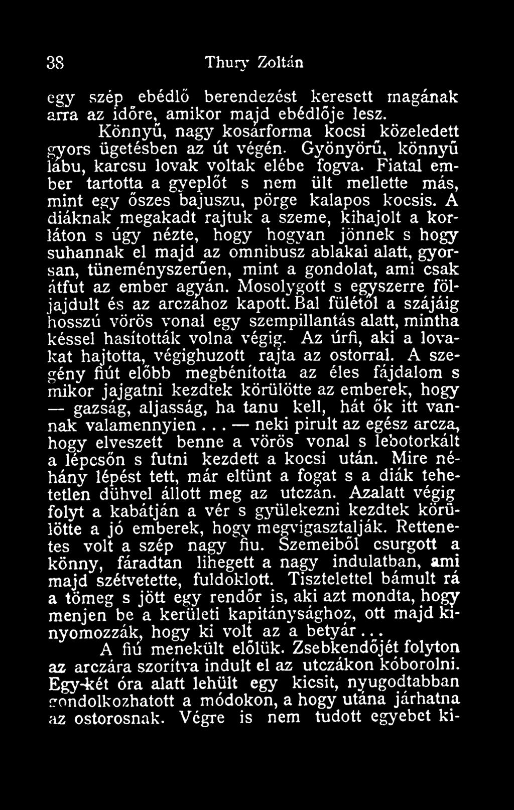 A diáknak megakadt rajtuk a szeme, kihajolt a korláton s úgy nézte, hogy hogyan jönnek s hogy suhannak el majd az omnibusz ablakai alatt, gyorsan, tüneményszeren, mint a gondolat, ami csak átfut az