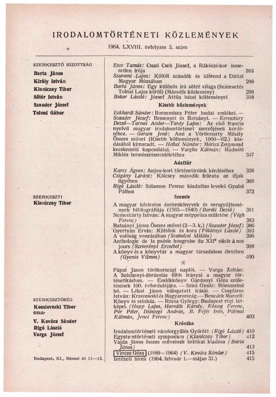 IRODALOMTÖRTÉNETI KÖZLEMÉNYEK m 1964. LXVIII. évfolyam 3.