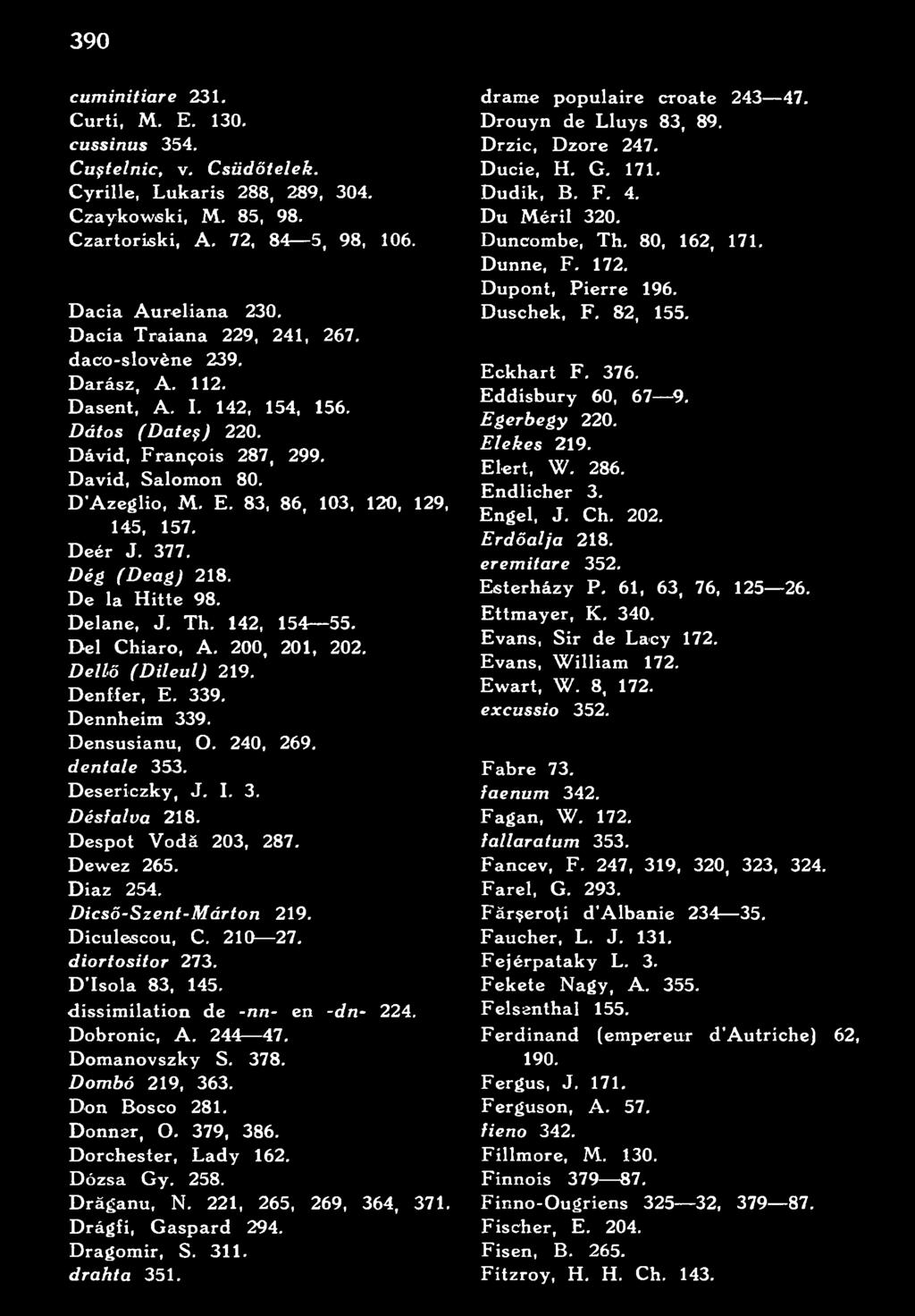 dissimilation de -nn- en -dn- 224. Dobronic, A. 244 47. Domanovszky S. 378. Dombó 219, 363. Don Bosco 281. Donner, O. 379, 386. Dorchester, Lady 162. Dózsa Gy. 258. Dräganu, N.