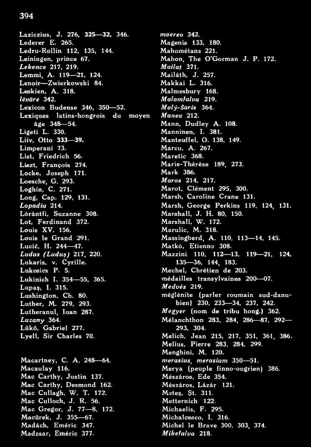 Macaulay 116. Mac Carthy, Justin 137. Mac Carthy, Desmond 162. Mac Cullagh, W. T. 172. Mac Culloch, J. R. 56. Mac Gregor, J. 77 8, 172. Macürek, J. 355 67. Madách, Eméric 347. Madzsar, Eméric 377. ma.