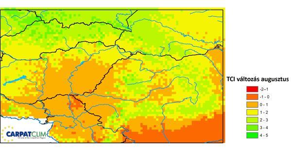 A TCI turisztikai klímaindex augusztusi átlagértékeinek különbsége a két szélső normál időszakban növekvő