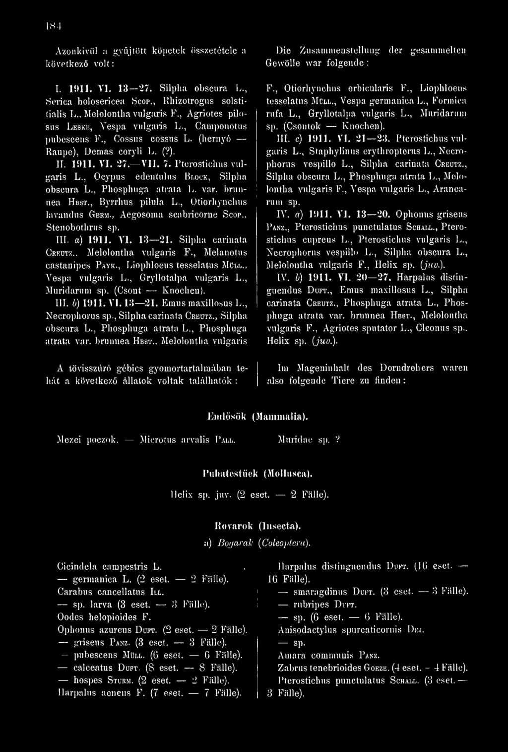 , Muridarum (Csont Knochen). HI. b) 1911. VI. 13 21. Emus maxillosus L., Necrophorus, Silpha carinata Creutz., Silpha obscura L., Phosphuga atrata L., Phosphuga atrata var. brunnea Hbst.