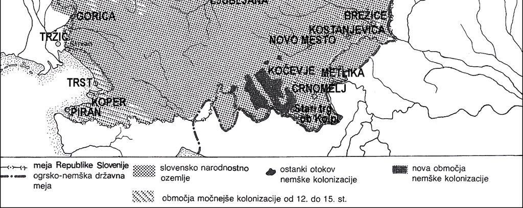 Z zemljevida 3 izpišite pet krajev, ob katerih se je ustalila naša severna meja, in tri kraje, ob katerih se je utrdila naša zahodna meja. Navedite tudi območja treh nemških kolonizacijskih otokov.