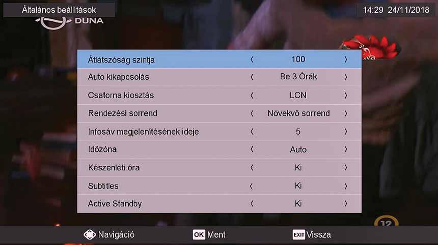 5.4.3 Általános beállítások 5.4.4 AV beállítások 5.4.5 Gyári beállítások Az első üzembe helyezésnek megfelelő állapot visszaállítása.