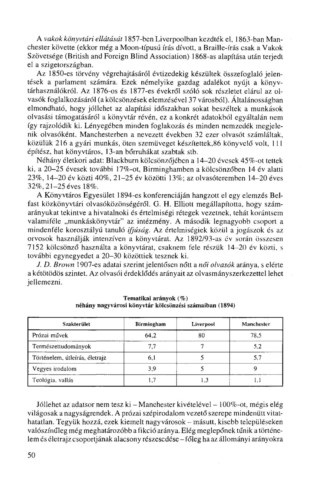 A vakok könyvtári ellátását 1857-ben Liverpoolban kezdték el, 1863-ban Manchester követte (ekkor még a Moon-típusú írás dívott, a Braille-írás csak a Vakok Szövetsége (British and Foreign Blind